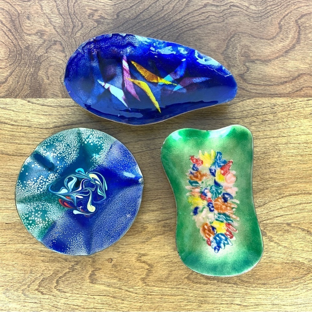 Lot Of 3 Enamel On Copper Dish Plate Signed Vtg Abstract Vibrant Trio MCM Retro